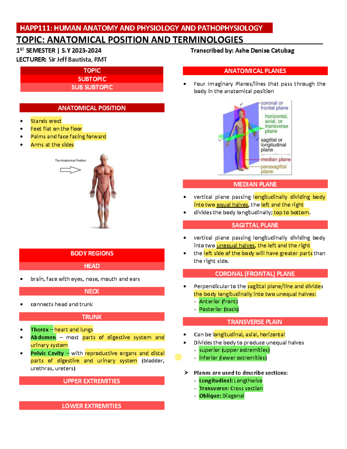 HAPP111: Anatomical Position & Terminologies Lesson 1 (Prelims) - Studocu