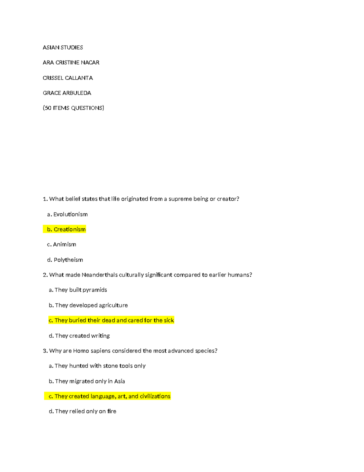 ASIAN STUDIES ARA LECTURE NOTES (50 ITEM QUIZ QUESTIONS) - Studocu
