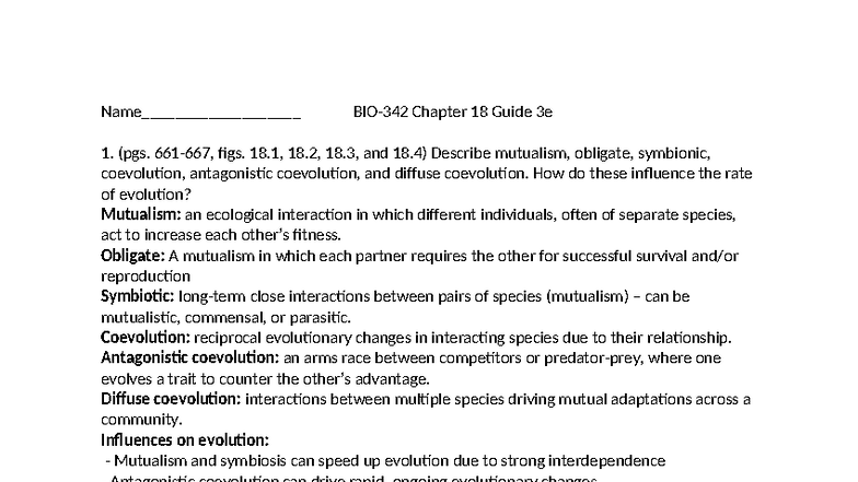 CH18 Worksheet Guide: Mutualism, Coevolution, and Symbiosis - Studocu
