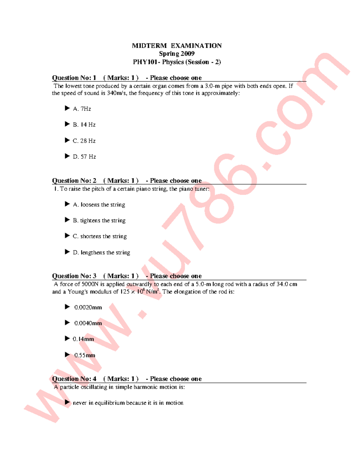 PHY101 Midterm Exam Past Paper Questions and Answers - Studocu