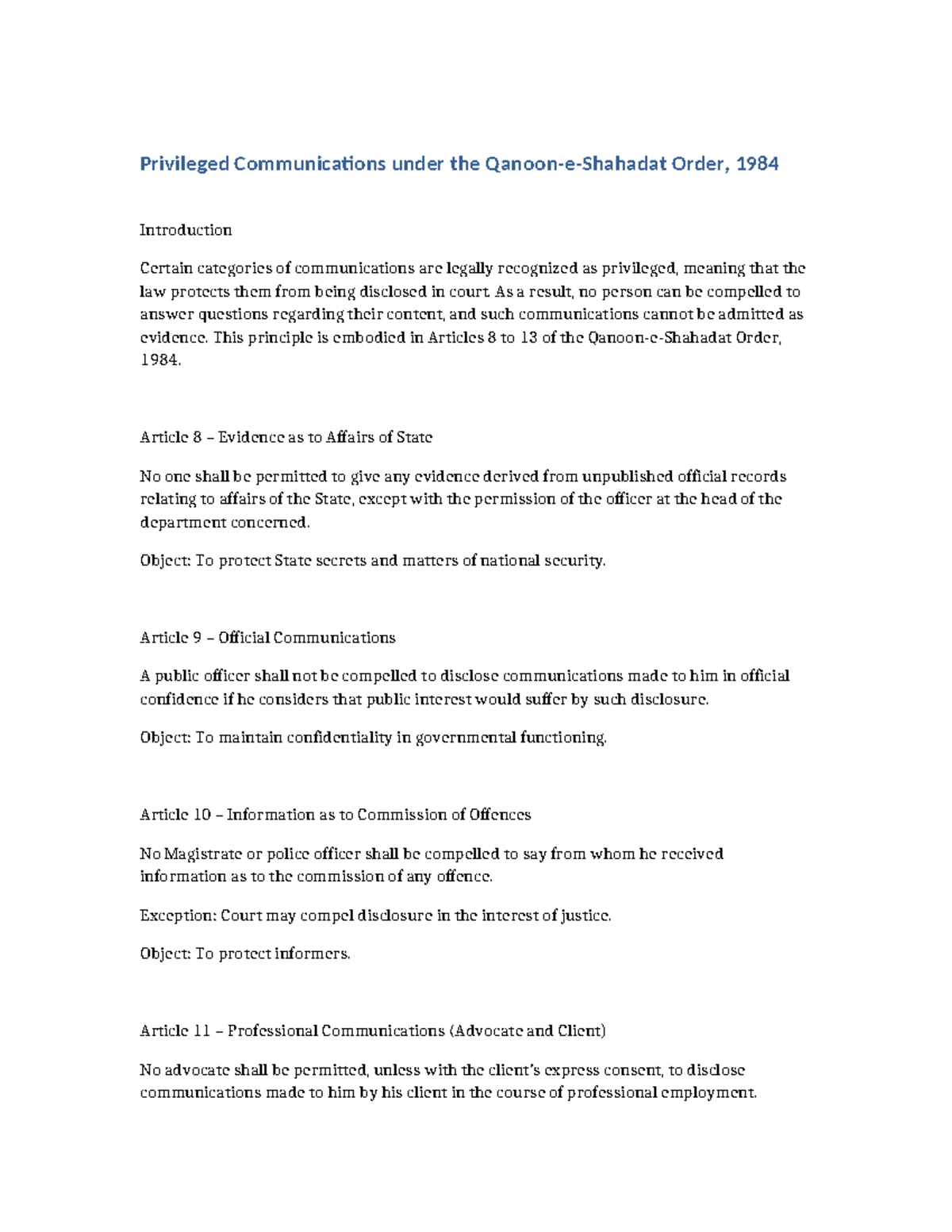 Privileged Communications under the Order, 1984 - QSO - Studocu