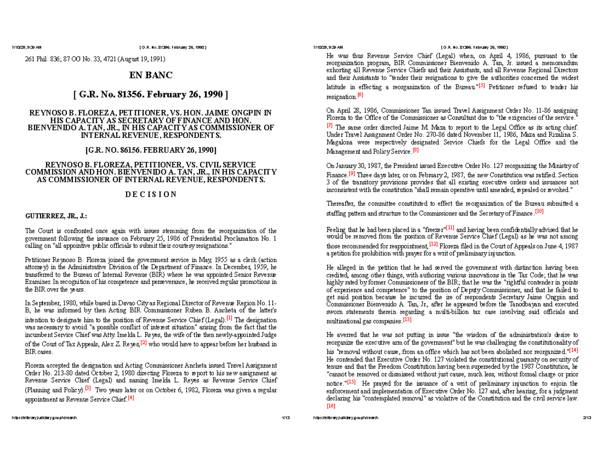 G.R. No. 81356: Floreza vs. Ongpin - Decision on Reorganization and ...
