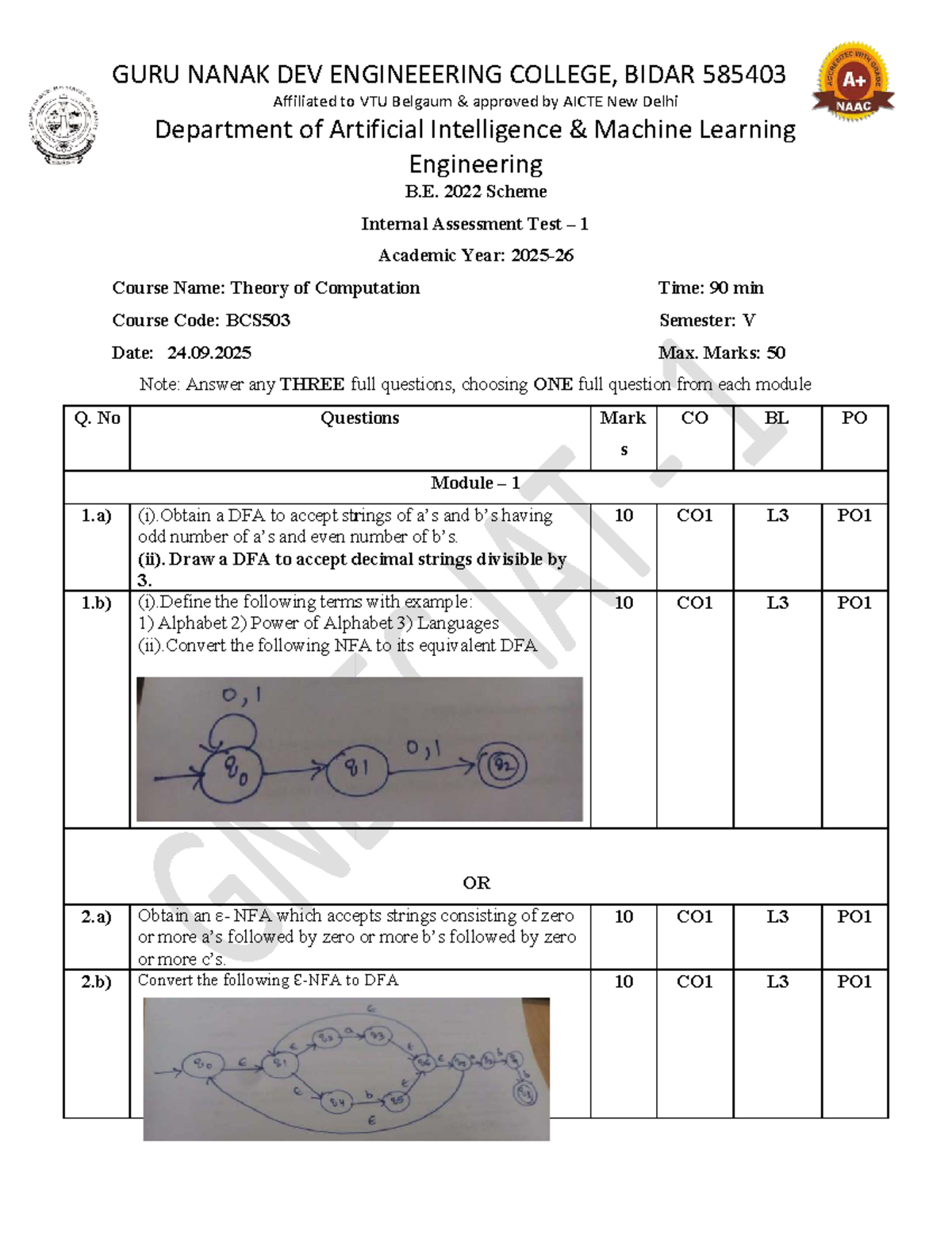 CIE 1 - Internal Assessment Test 1 for BCS503: Theory of Computation ...