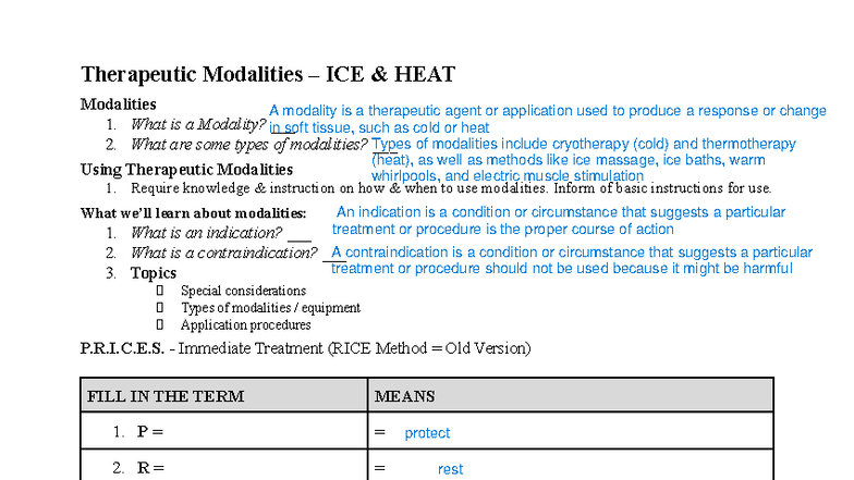 Therapeutic Modalities: ICE & HEAT Class Notes (Course Code) - Studocu