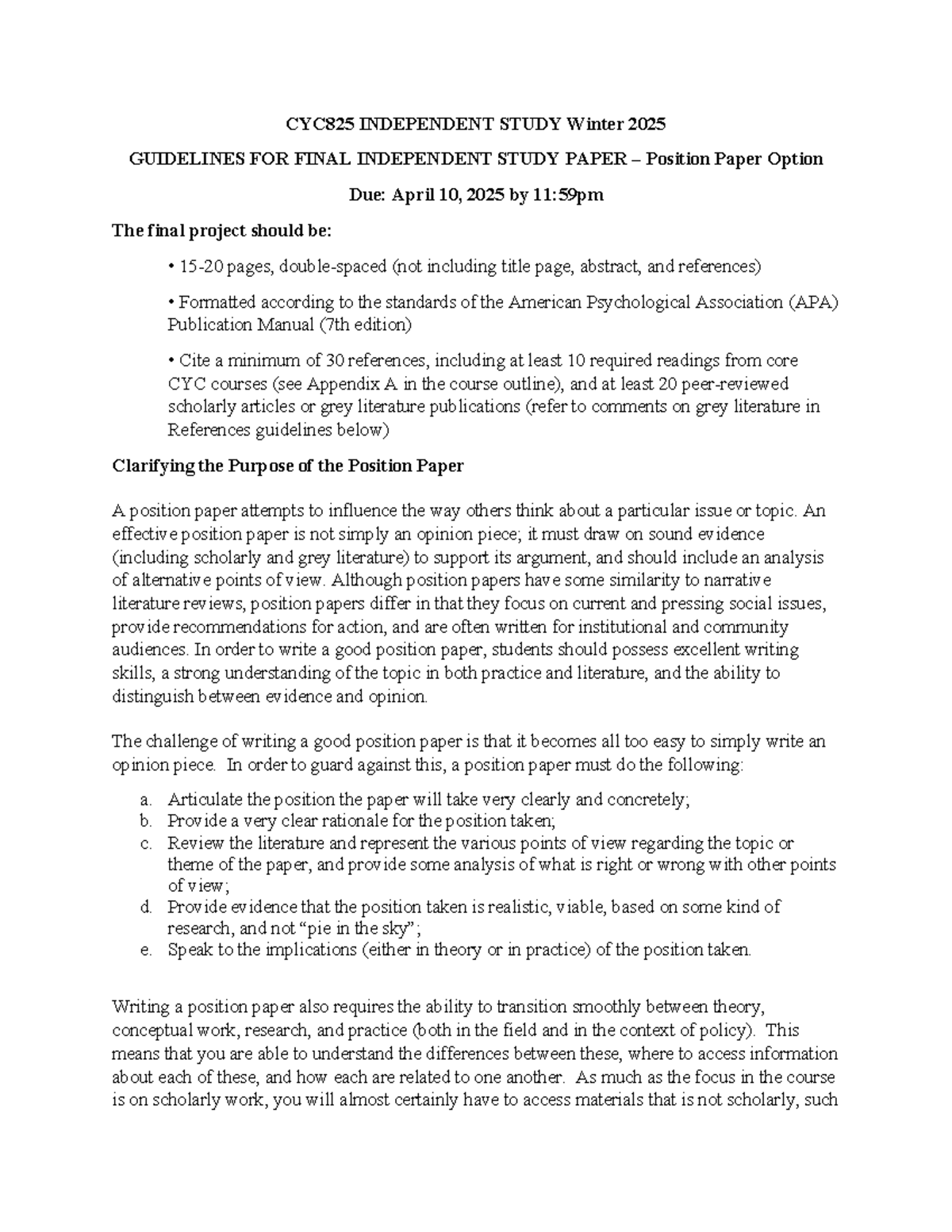 CYC825 801I Guidelines for Final Independent Study Position Paper - Studocu