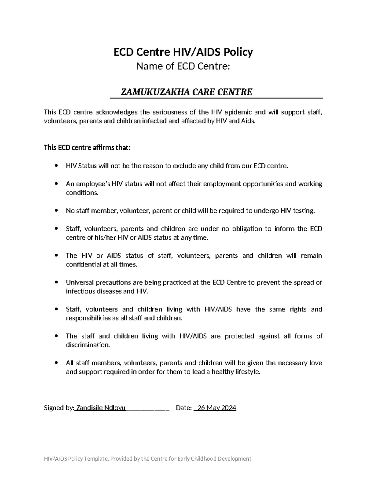 HIV/AIDS Policy - ZAMUKUZAKHA Care Centre ECD - Studocu