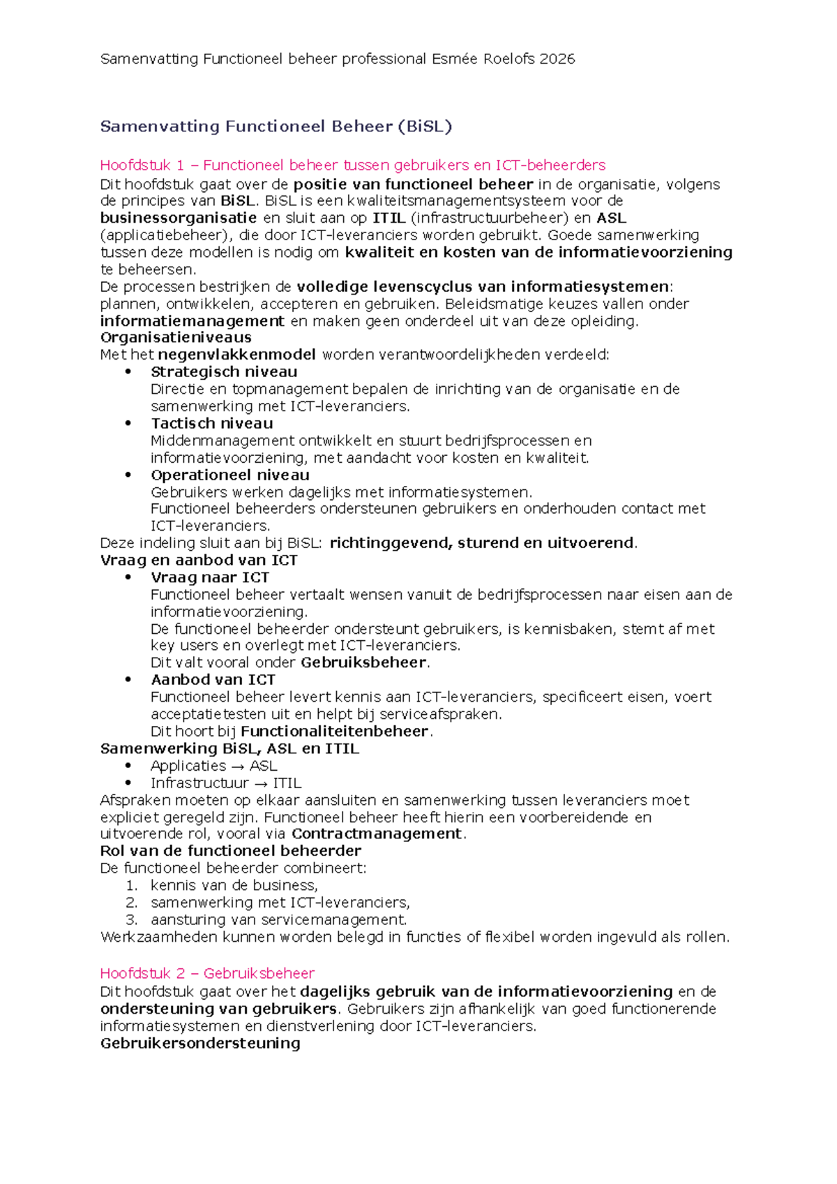 Samenvatting Functioneel Beheer (BiSL) Hoofdstuk 1-3 door Esmée Roelofs ...