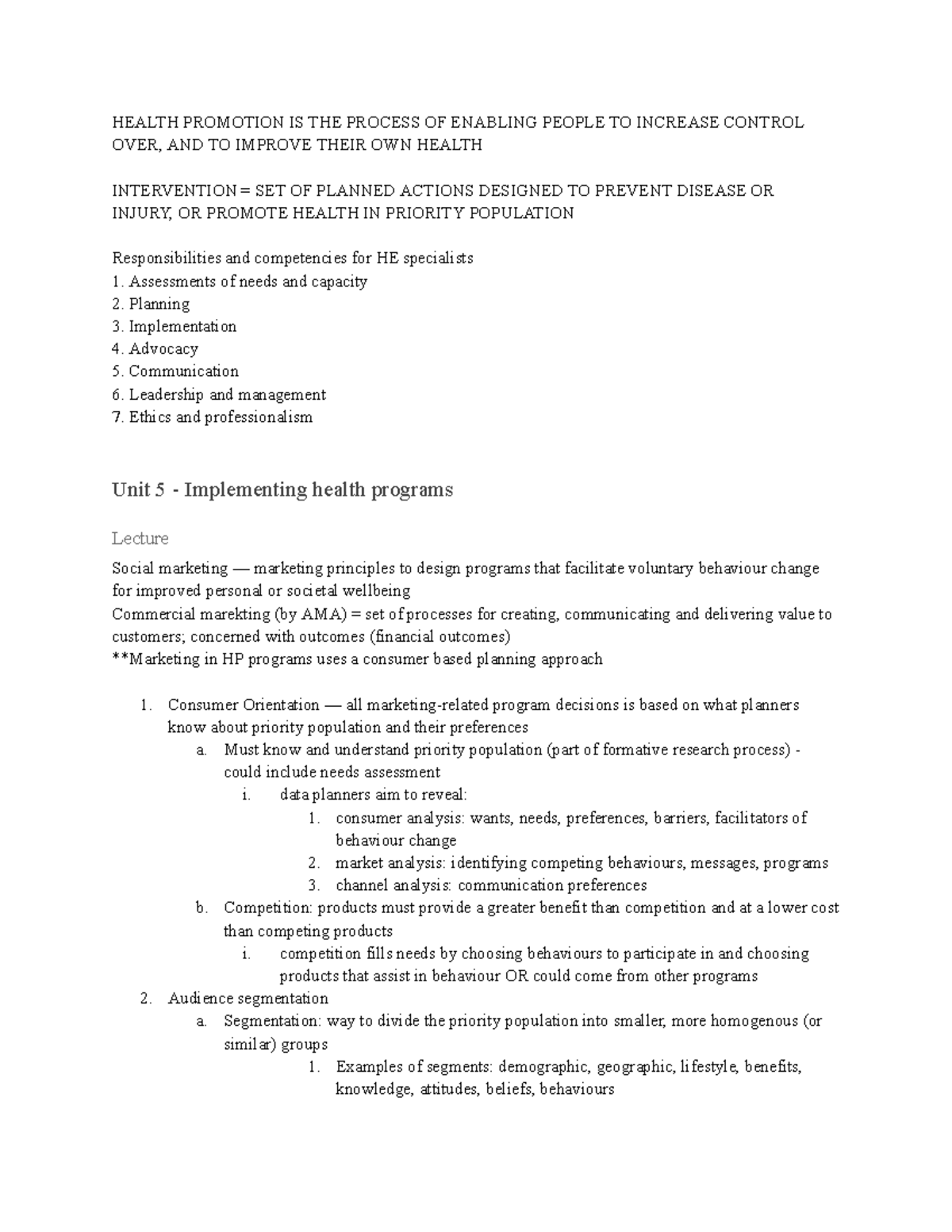 HS2500 Health Promotion Unit 5-6: Implementing Effective Programs - Studocu