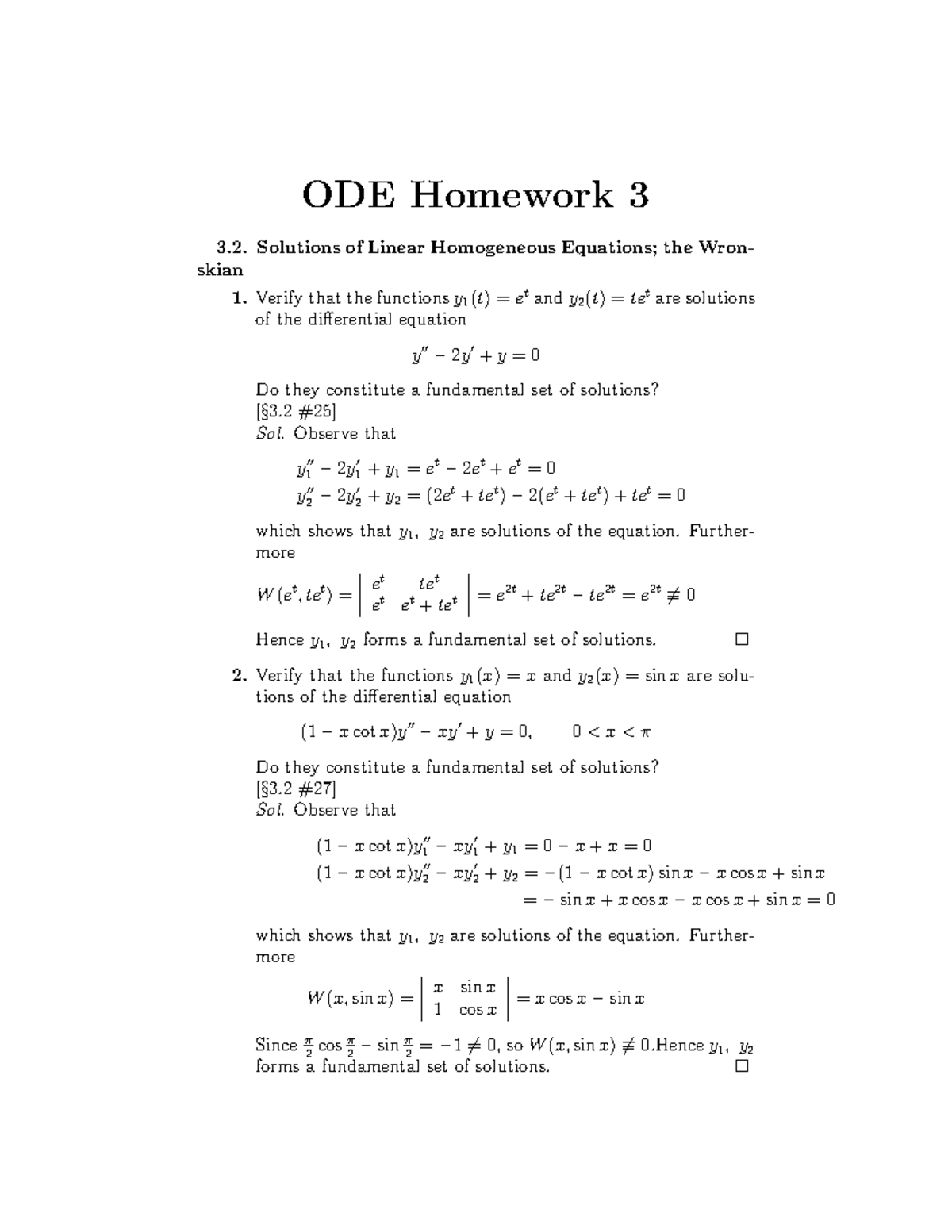 Ordinary Differential Equations ODE Homework 3 Solutions - Studocu