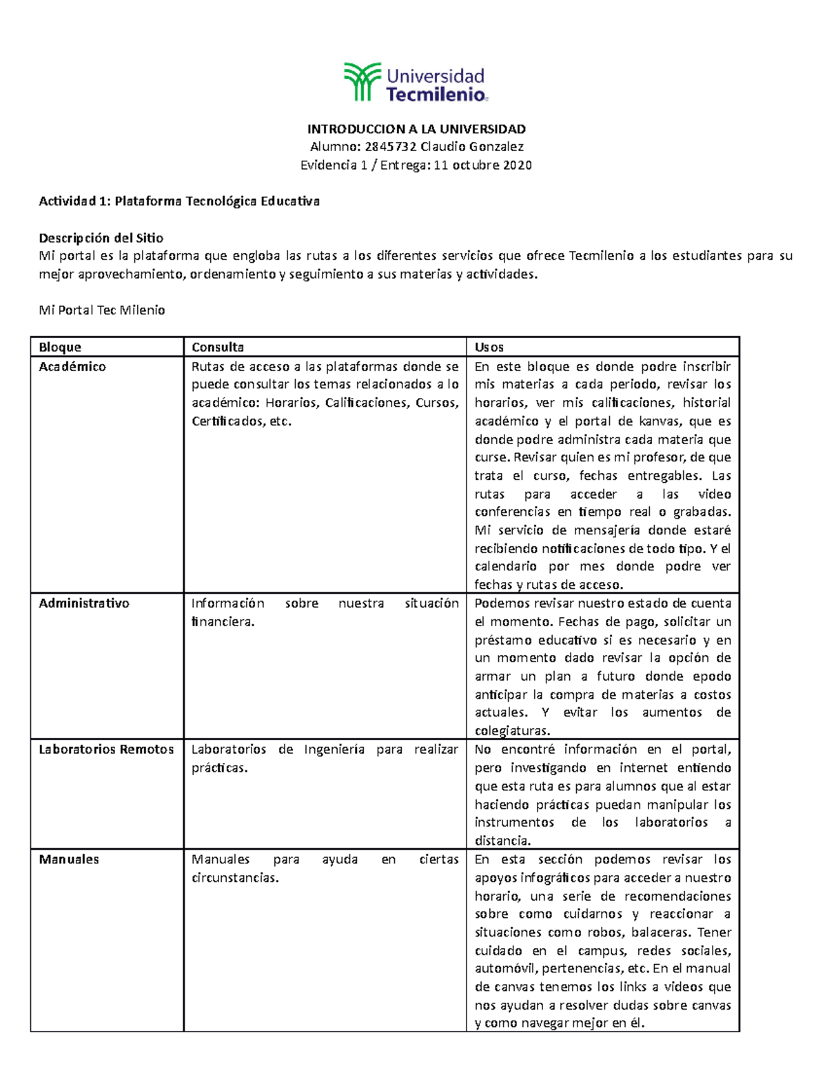 Evidencia 1 Introduccion a la Universidad 8 Octubre 2020 - INTRODUCCION ...