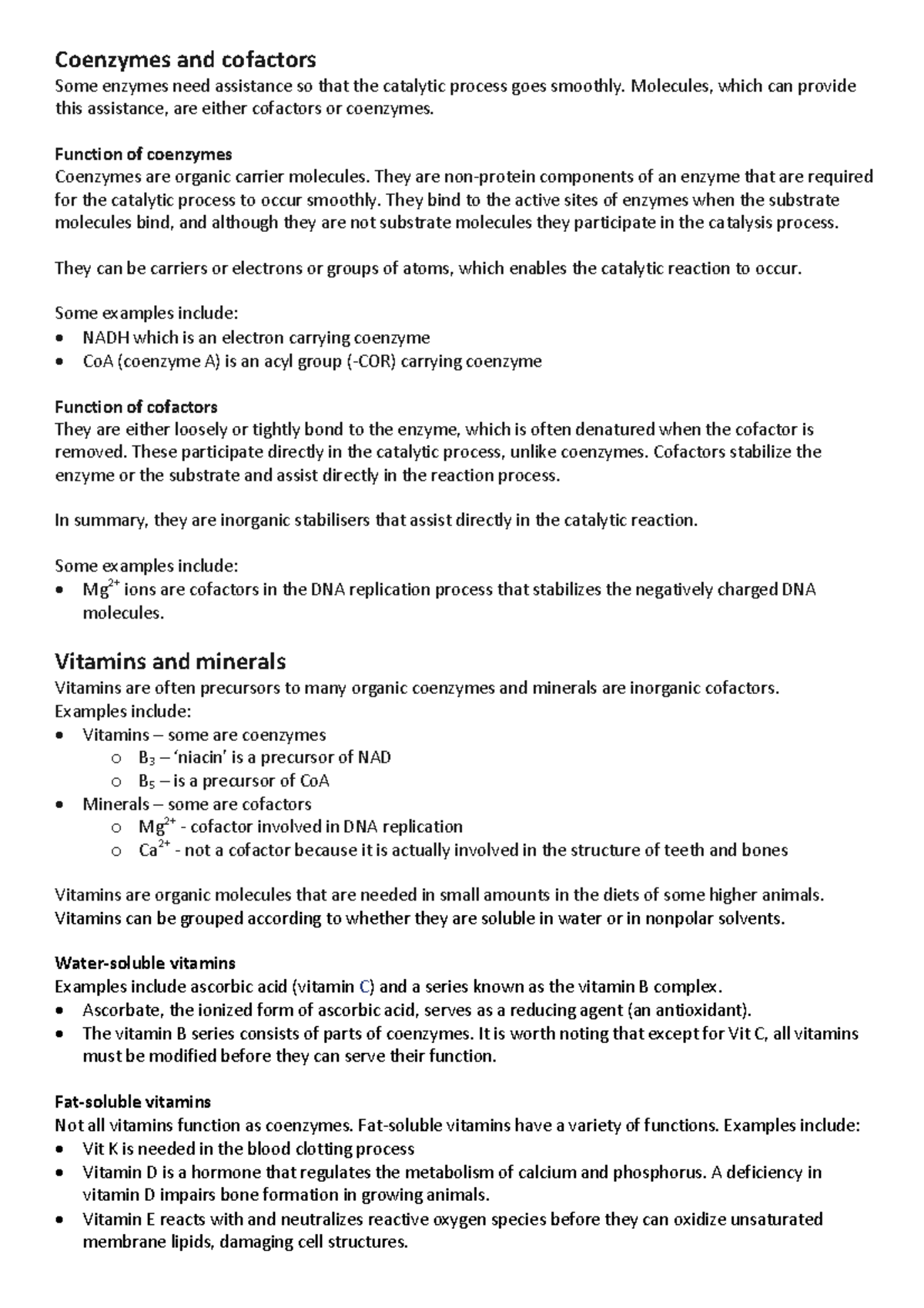 Cea: Coenzymes, Cofactors, Vitamins, and Minerals Notes - Studocu