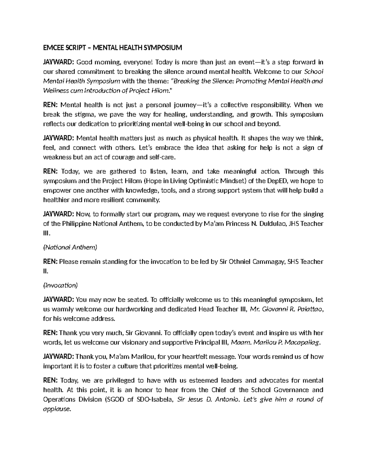 Emcee Script for Mental Health Symposium: Project Hilom Introduction ...