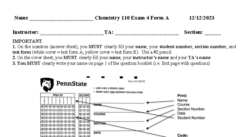 Chemistry 110 Exam 4 Form A - Practice Final Exam Key 2023 - Studocu
