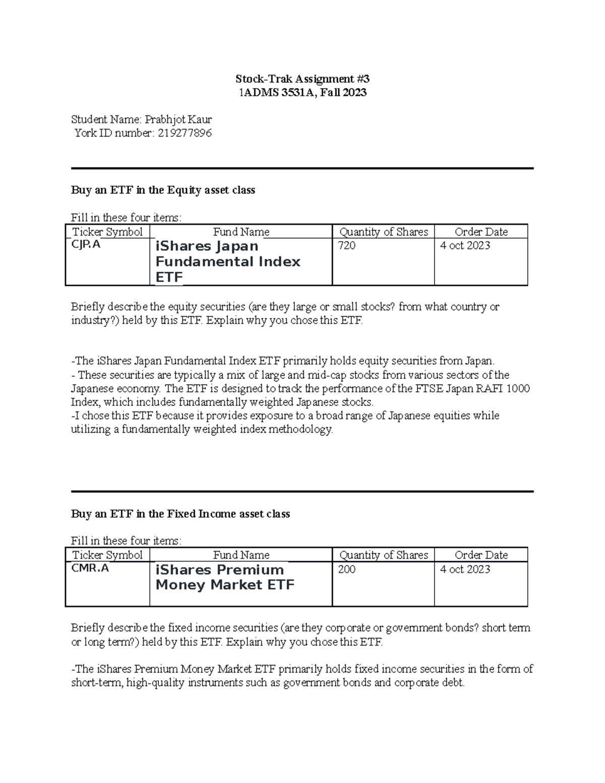 Stock-Trak Assignment #3: ETFs in Equity & Fixed Income, ADMS 3531A ...