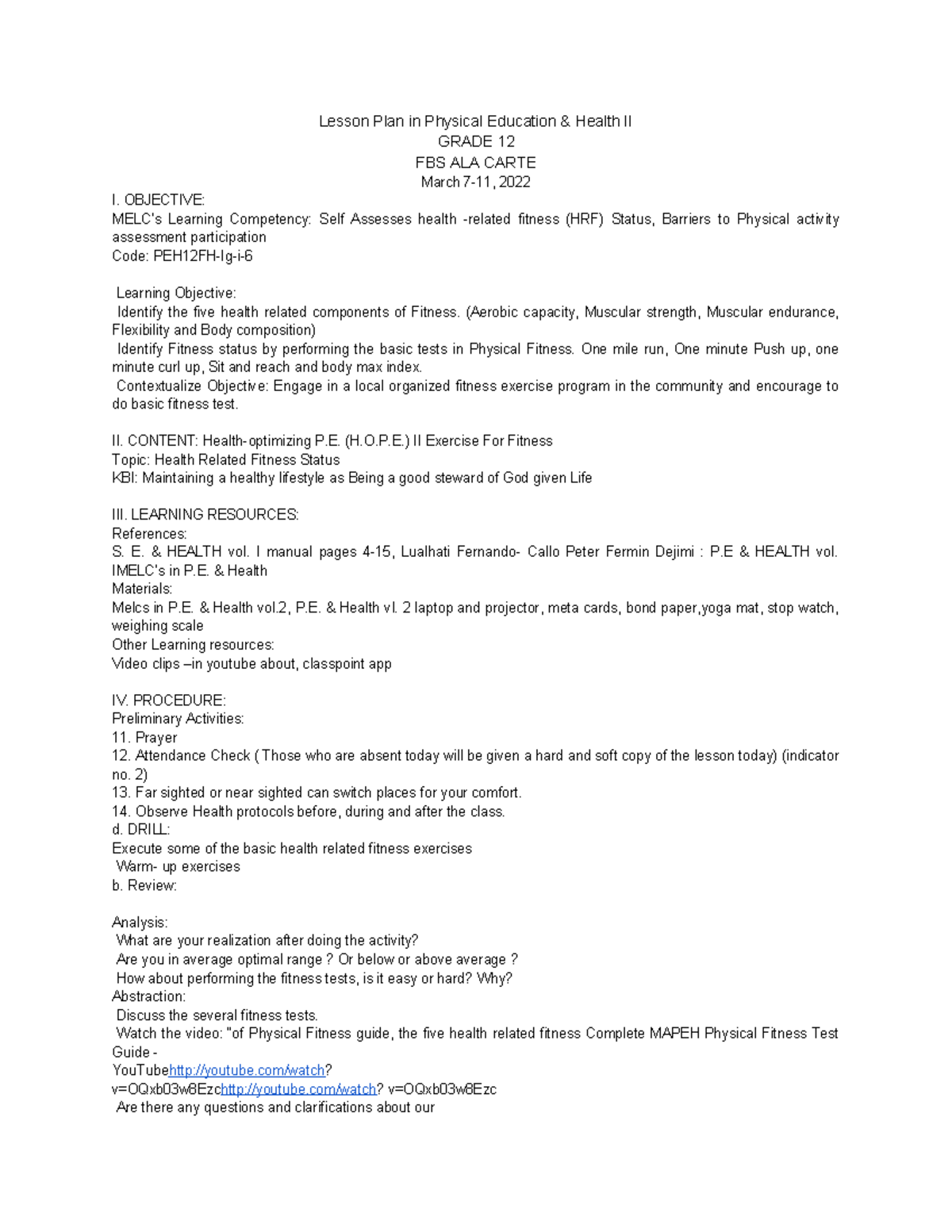 Lesson Plan: Health-Related Fitness Assessment in P.E. Health II G12 ...