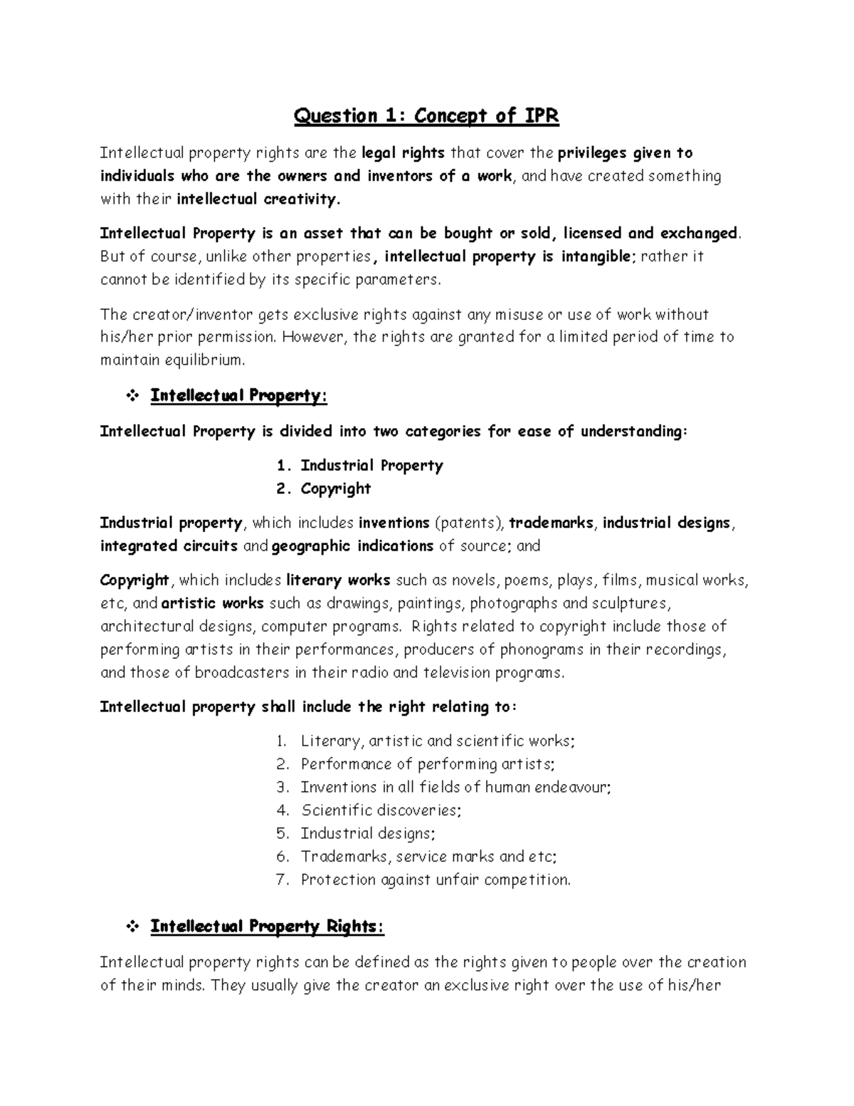 Notes - Intellectual Property Rights - Question 1: Concept of IPR ...