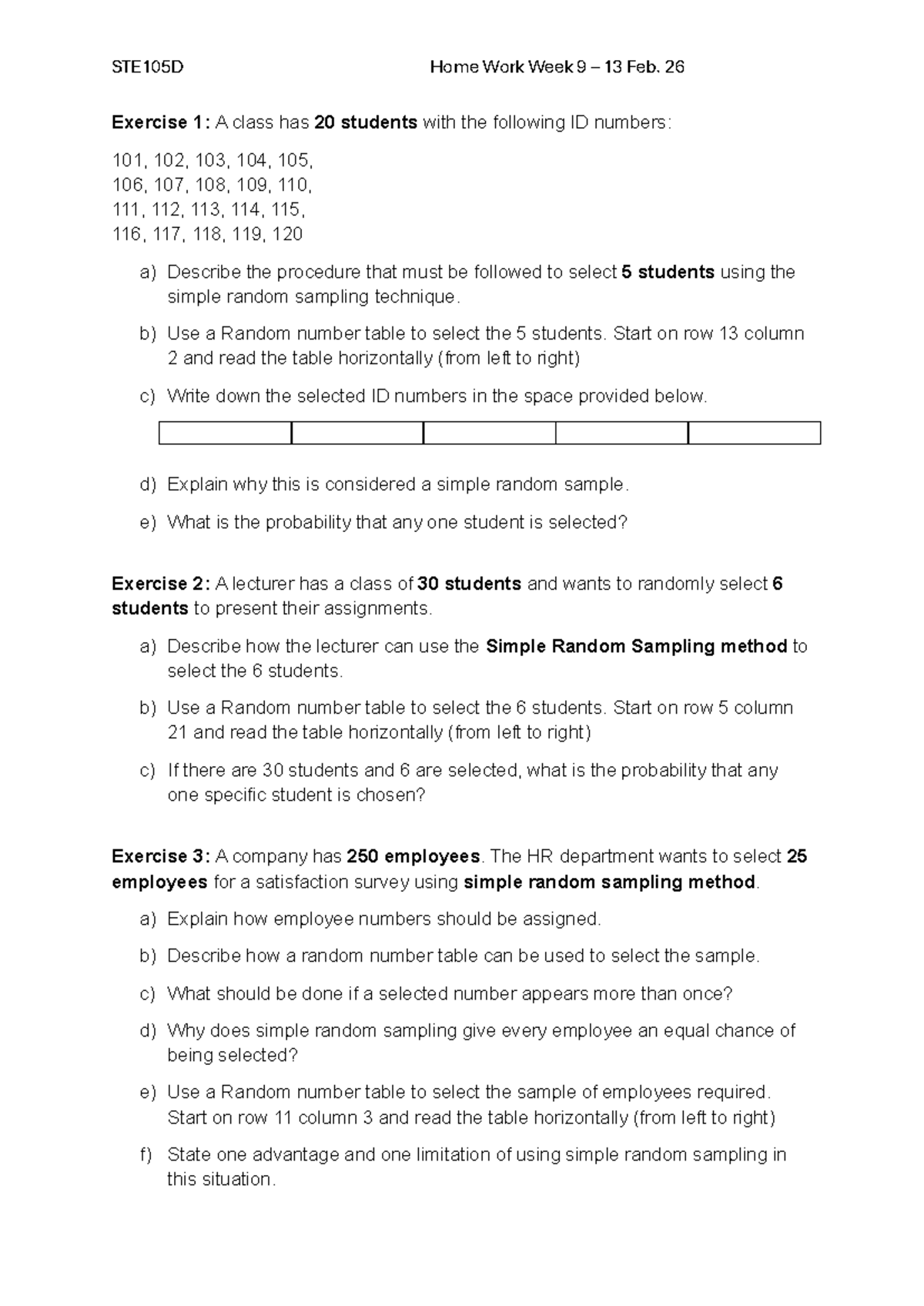 STE105D Homework Week 9: Simple Random Sampling Exercises - Studocu