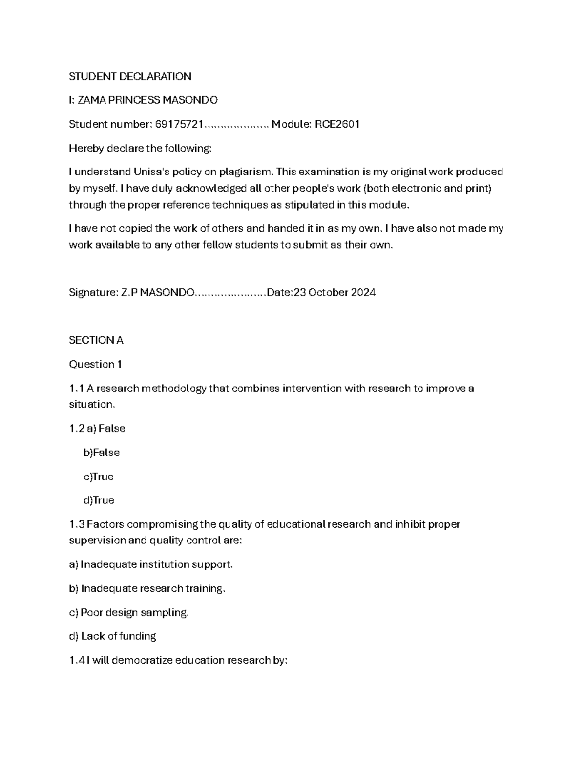 RCE2601 Student Declaration & Educational Research Exam Notes - Studocu