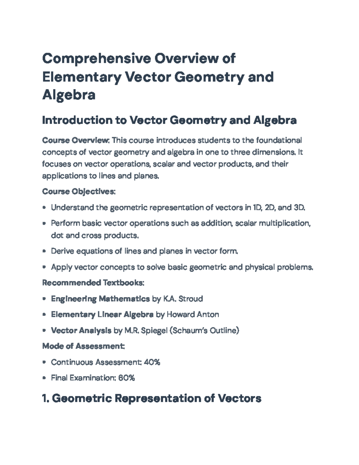 Elementary Vector Geometry and Algebra Overview (Course Code: MATH101 ...