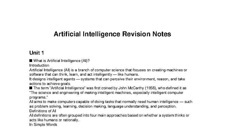 AI Revision Notes: Understanding Artificial Intelligence Fundamentals ...