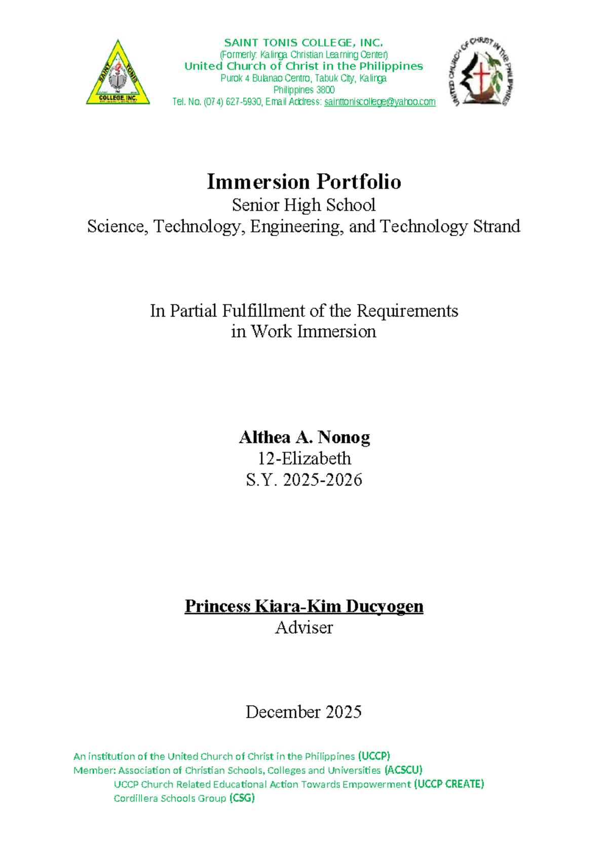 Work Immersion Portfolio: Senior High School STEM Strand (S.Y. 2025 ...