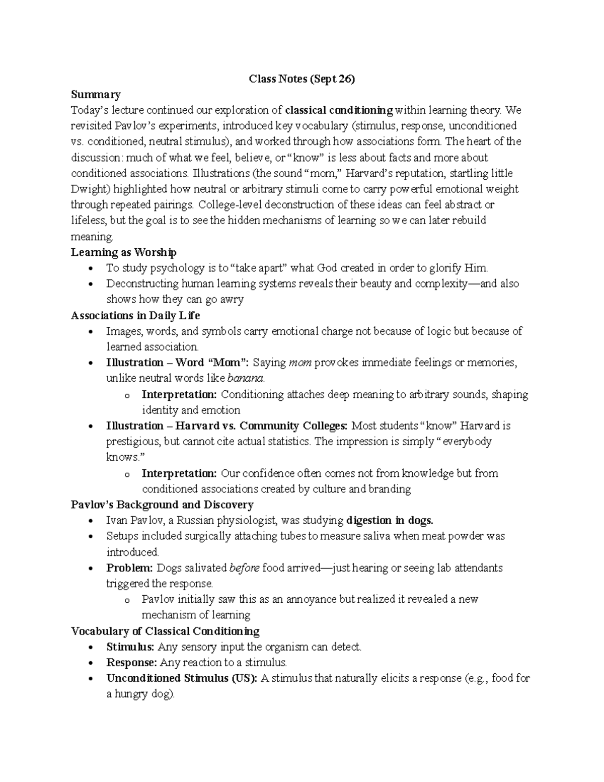 Class Notes (Sept 26): Classical Conditioning Insights from Pavlov ...