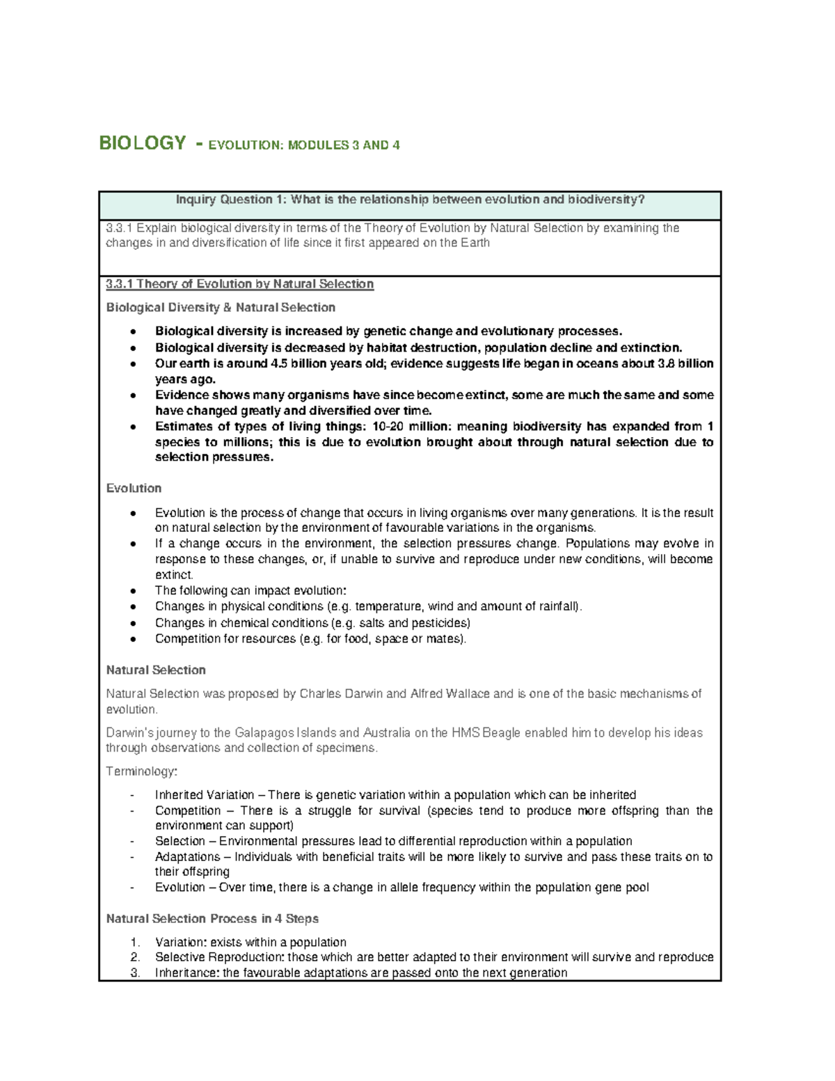 BIOLOGY EVOLUTION: MODULES 3 & 4 - Natural Selection & Biodiversity ...