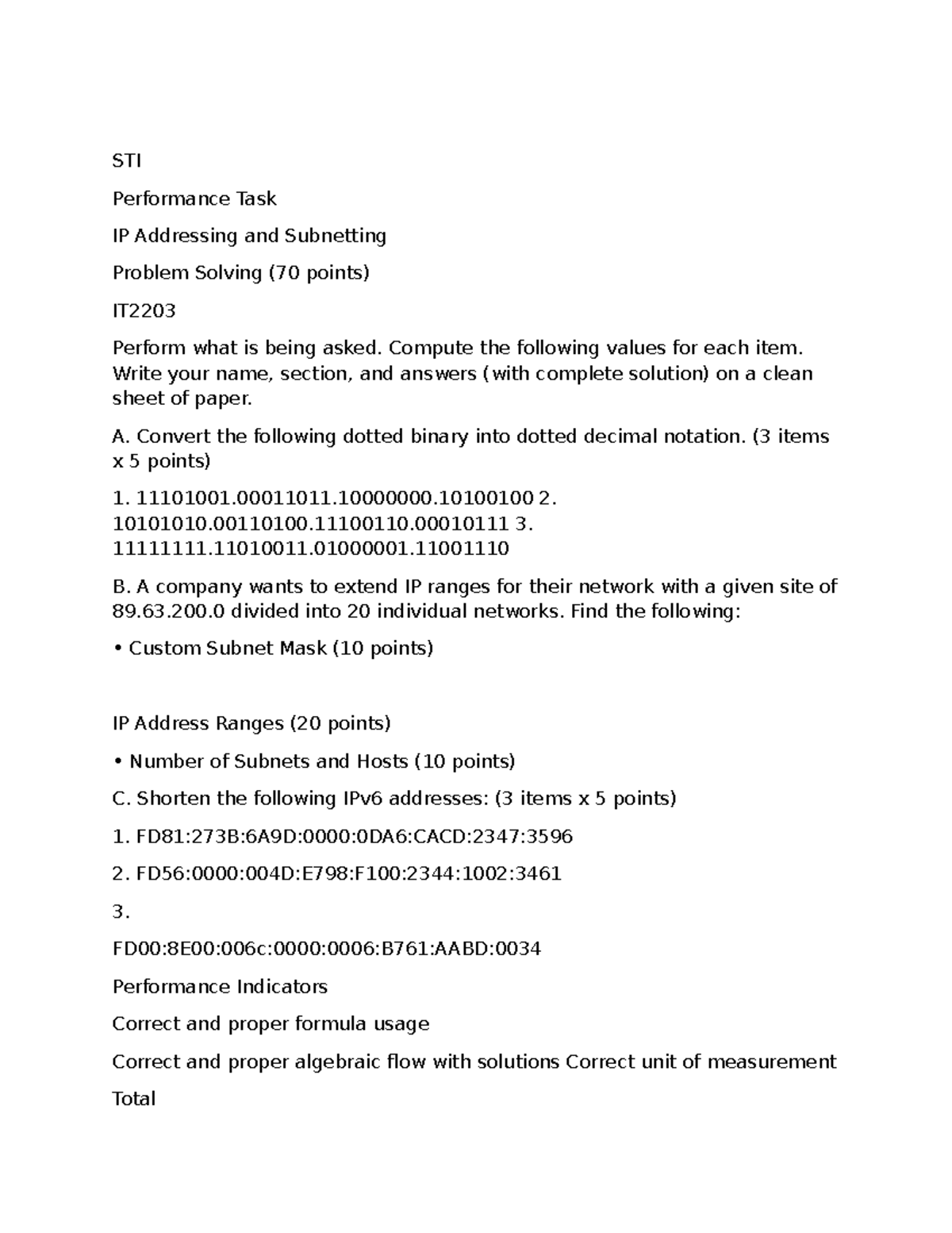 STI Midterm Performance Task: IP Addressing & Subnetting Study Guide ...