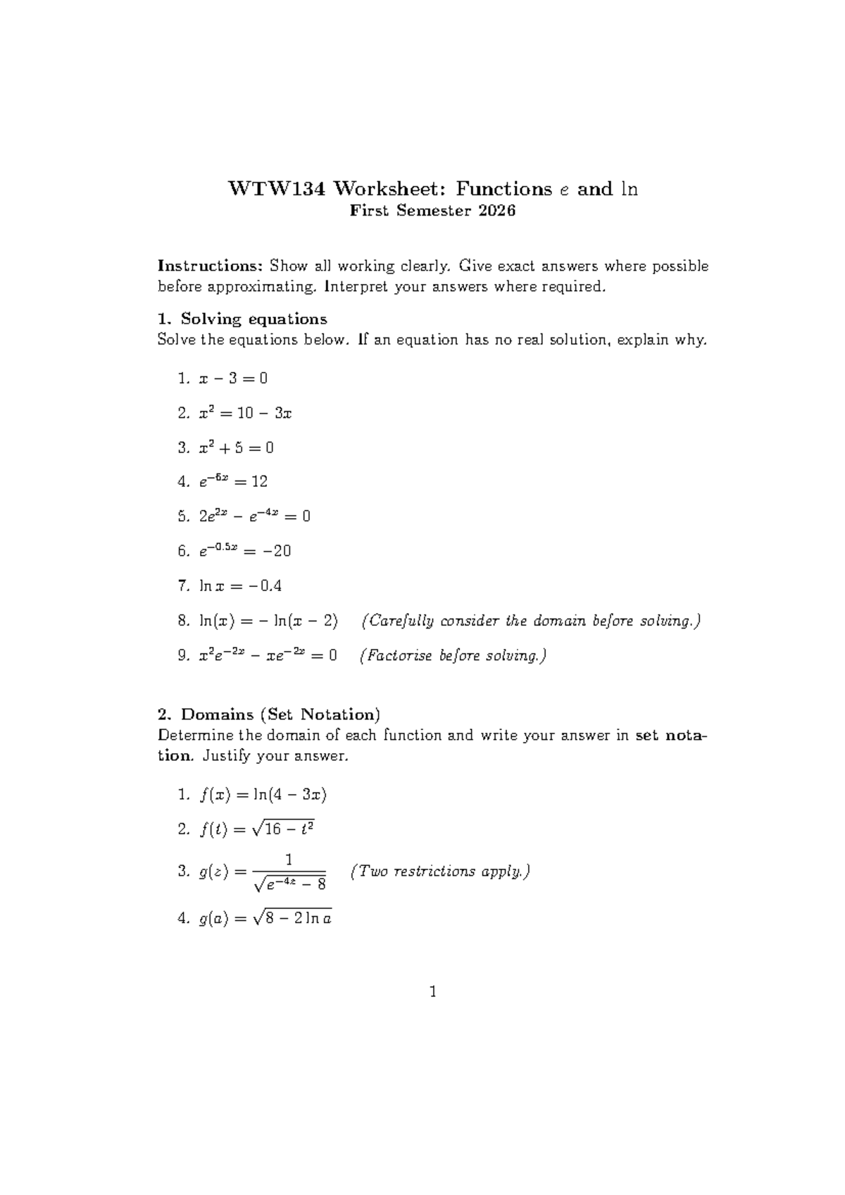 WTW134 Worksheet: Functions e and ln - First Semester 2026 - Studocu