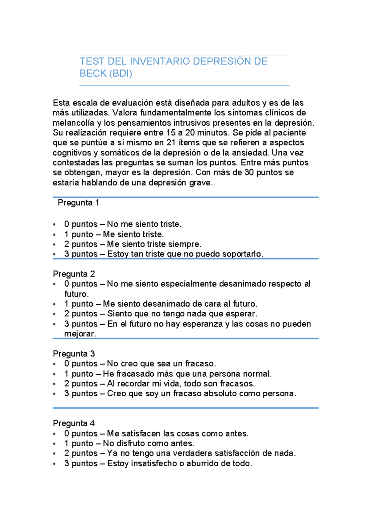 Autoaplicacion test de Beck - TEST DEL INVENTARIO DEPRESIÓN DE BECK ...