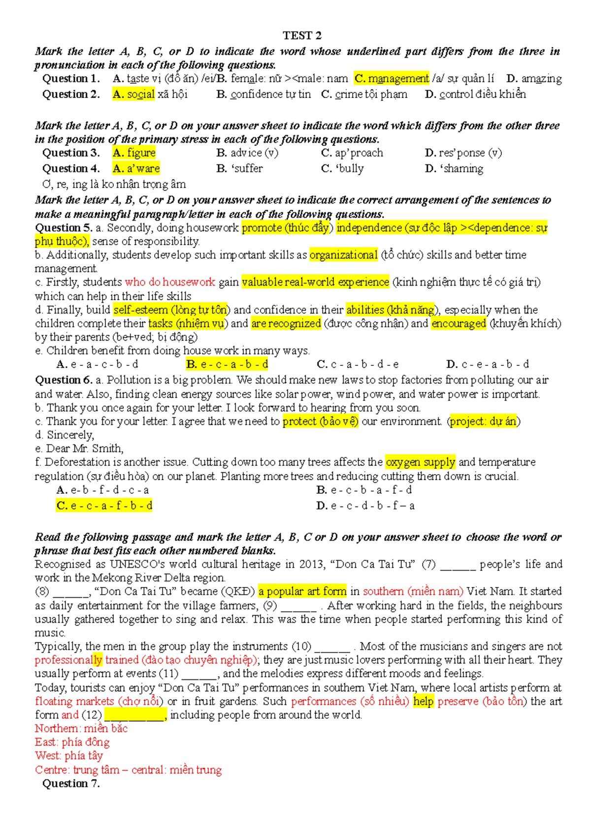 Test 2 - Lớp 11: Pronunciation, Stress, and Sentence Arrangement - Studocu
