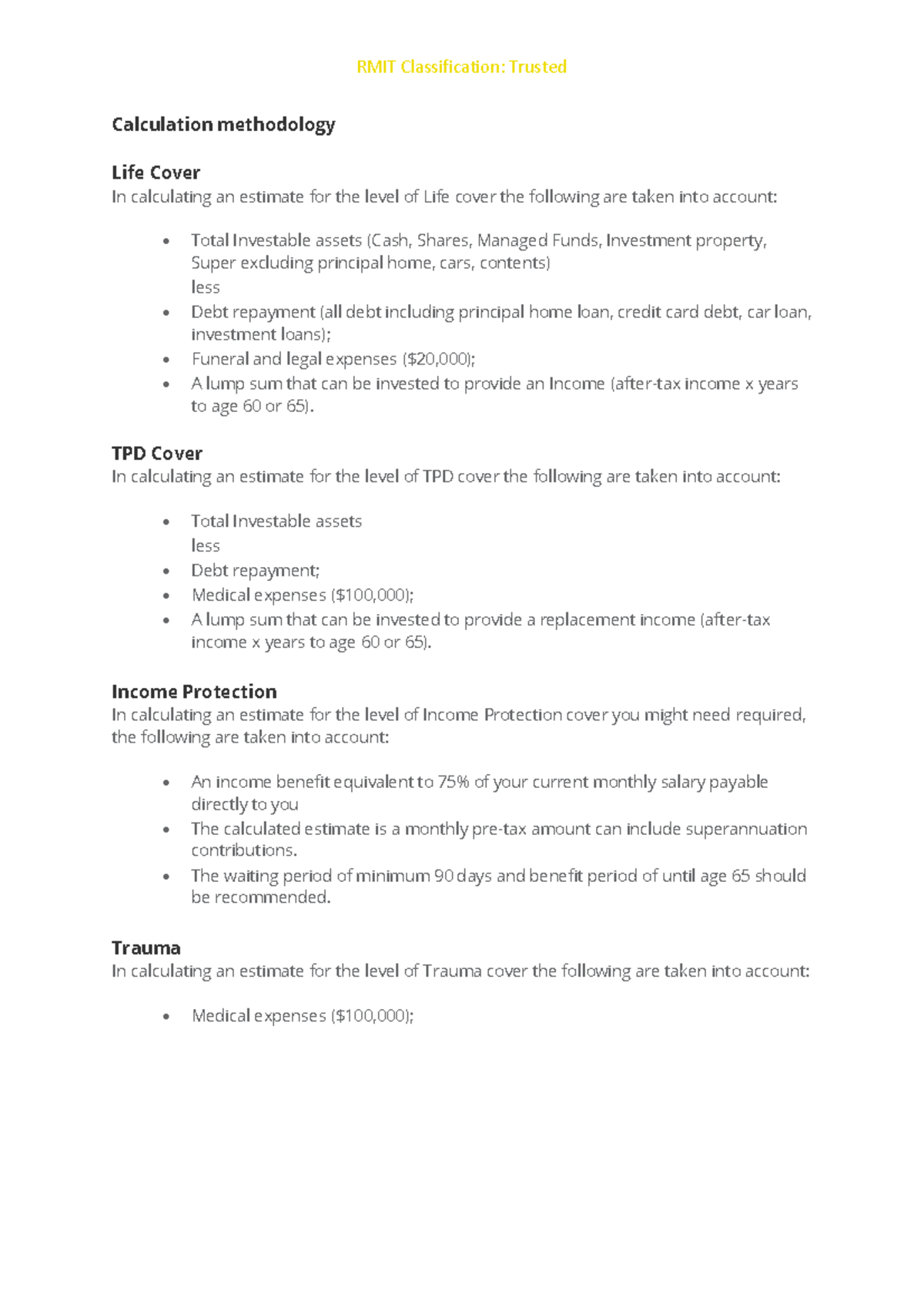 Insurance Needs Analysis: Sample Calculation Methodology - Studocu