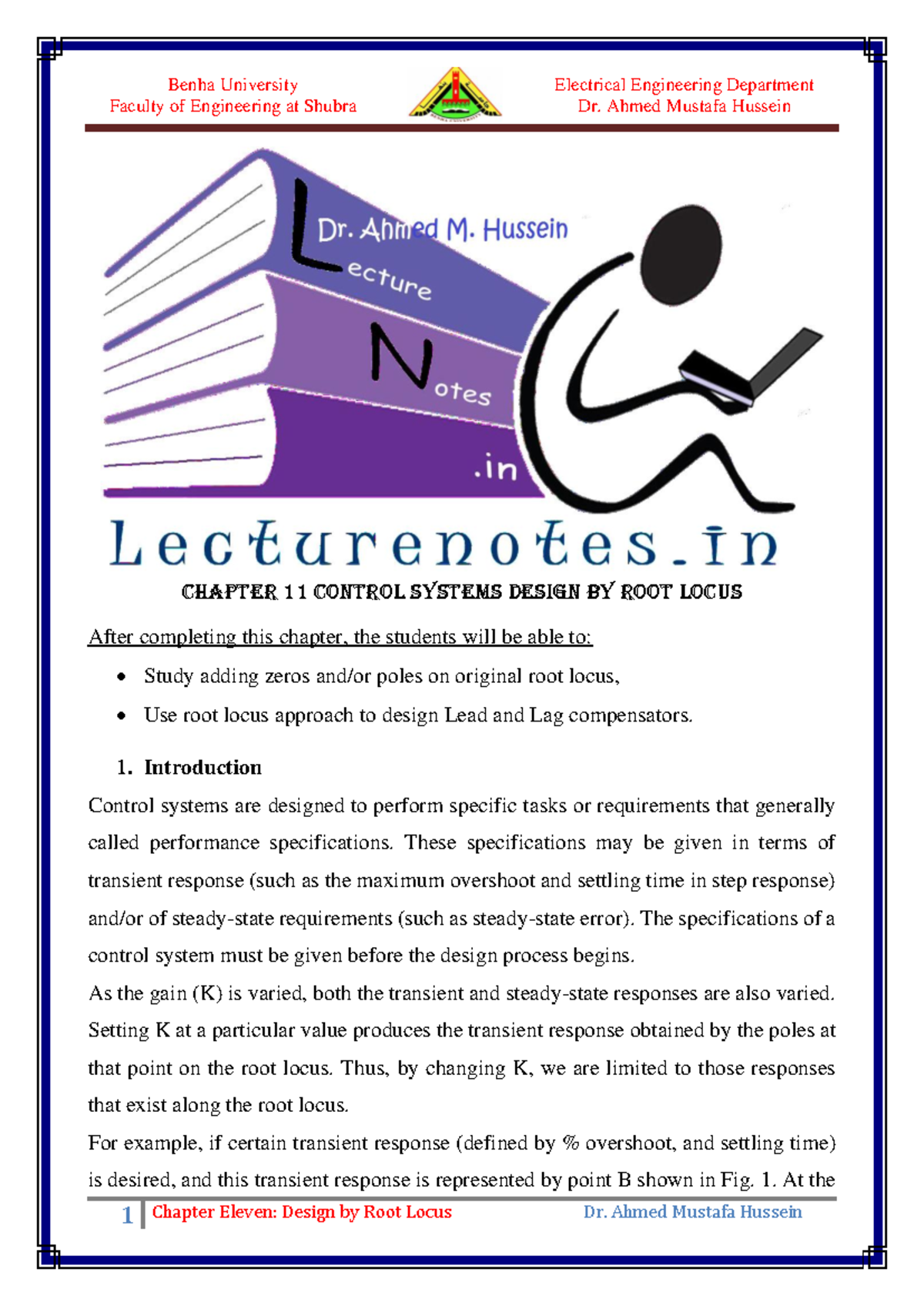 Chapter 11: Control Systems Design - Root Locus (EE 101) - Studocu
