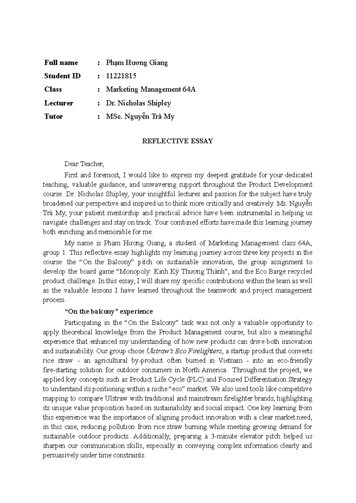 Reflective Essay on Product Development in Marketing Management 64A ...