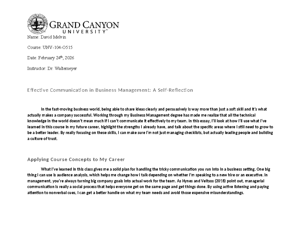 Self-Reflection Essay: Effective Communication in Business Mgmt - Studocu