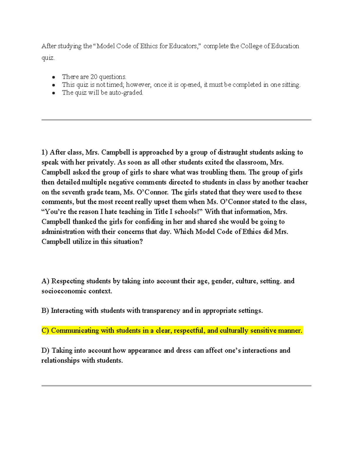 W5 Ethics Quiz: Understanding the Model Code of Ethics for Educators ...