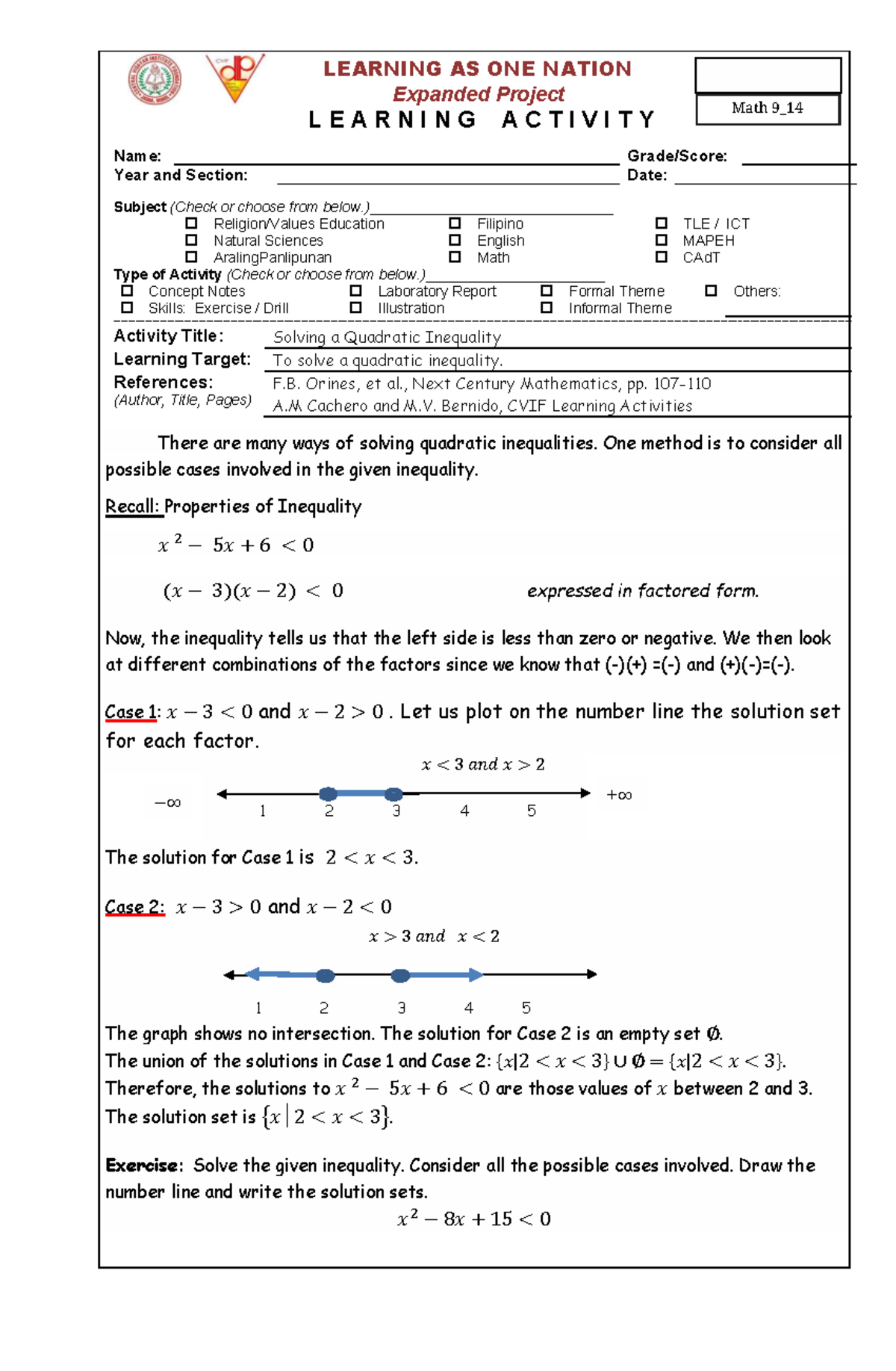 Math 9 LAS 14: Solving Quadratic Inequalities Explained - Studocu