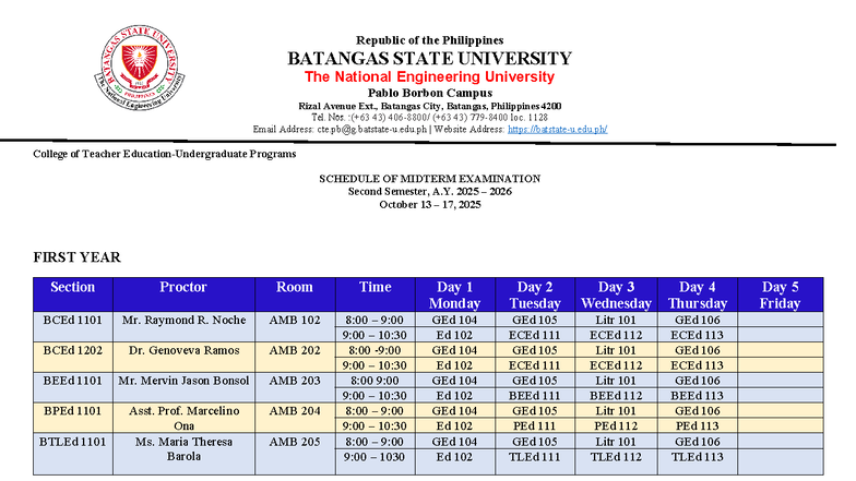 Midterm Exam Schedule for AY 2025-2026 - Batangas State University ...