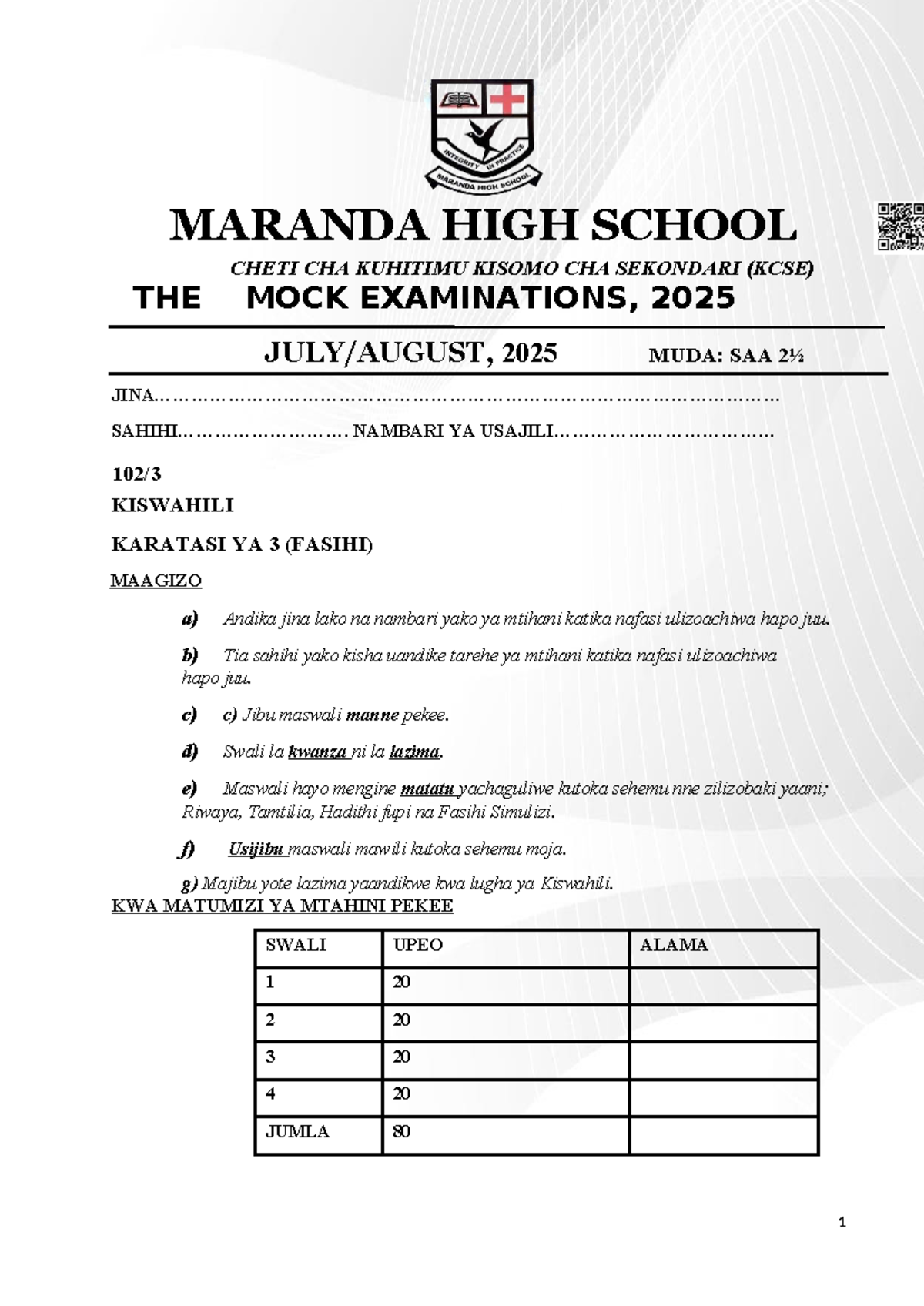 MARANDA HIGH SCHOOL KCSE MOCK EXAM 2025: KISWAHILI PAPER 3 (FASIHI ...