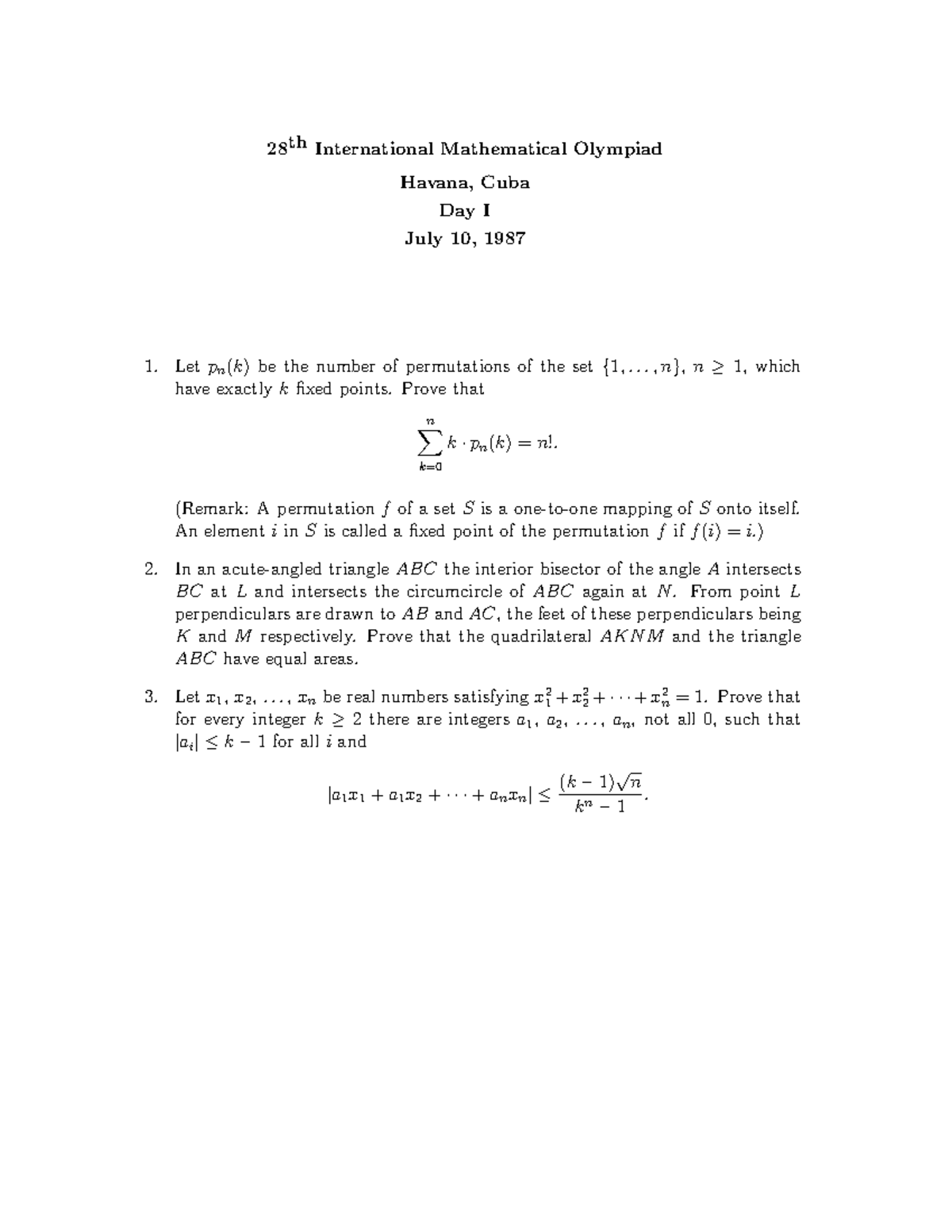 1987 International Math Olympiad Day I Solutions (IMOC 28) - Studocu