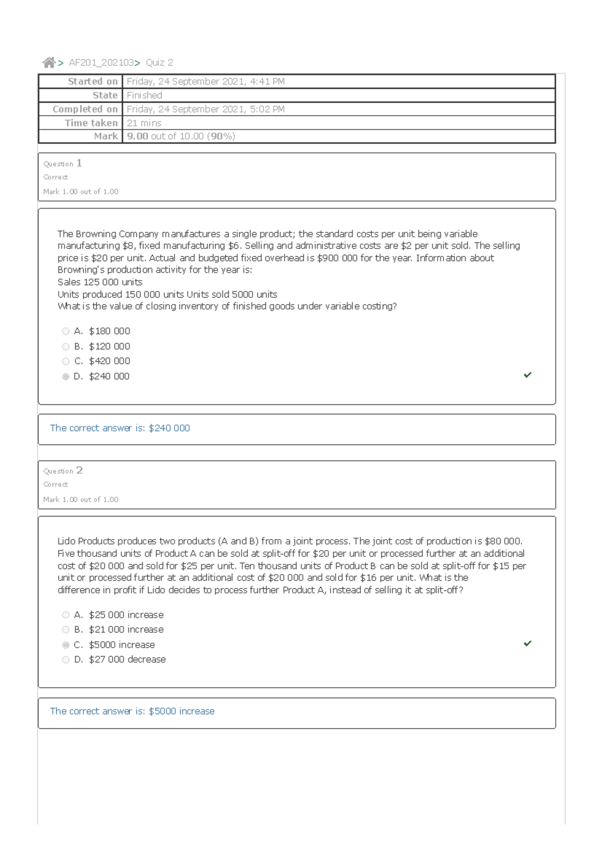 University AF201 Managerial Accounting Moodle Quiz 2 - Chapter 4 Review ...