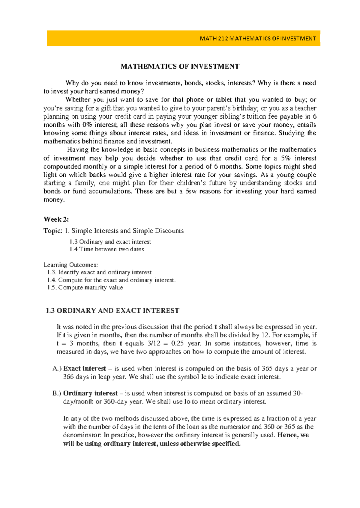 MATH 212 Final Exam Notes: Simple Interest Concepts and Calculations ...