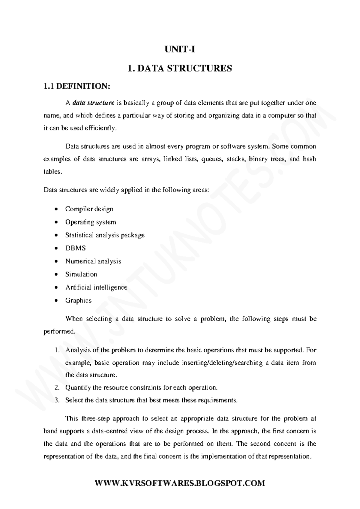 Data Structures - Ntng - UNIT-I 1. DATA STRUCTURES 1 DEFINITION: A data ...