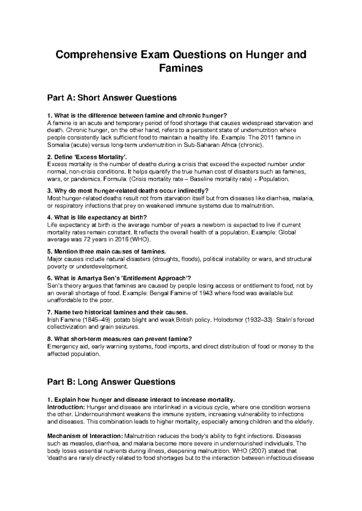Hunger and Famines: Comprehensive Exam Questions (Part A & B) - Studocu