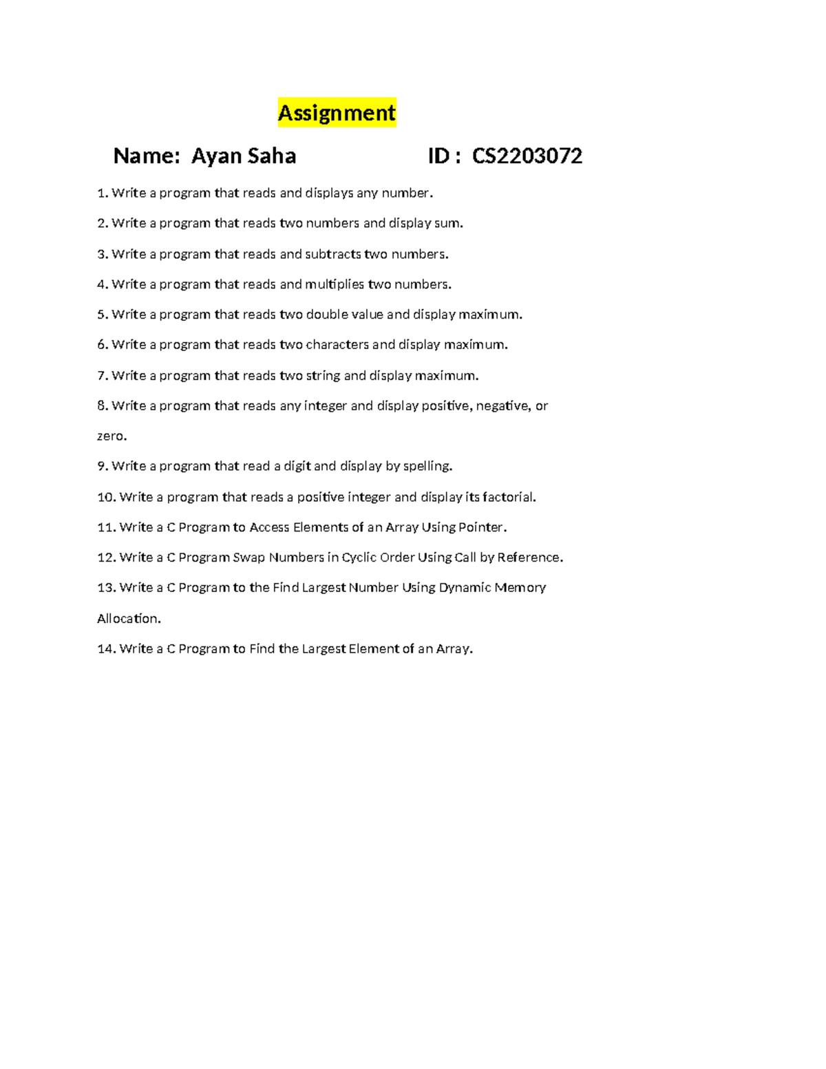 CS2203072 Programming Assignment: Practical Exercises in C - Studocu