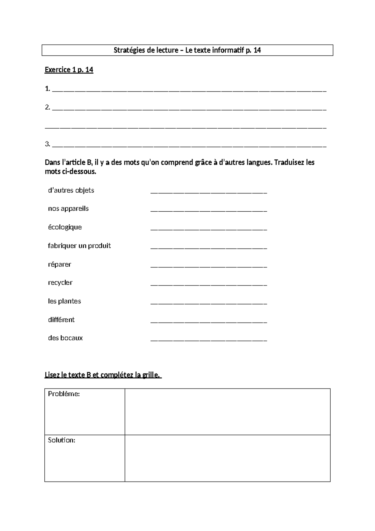 Stratégies de Lecture: Texte Informatif et Exercices (Trajet 1) - Studocu