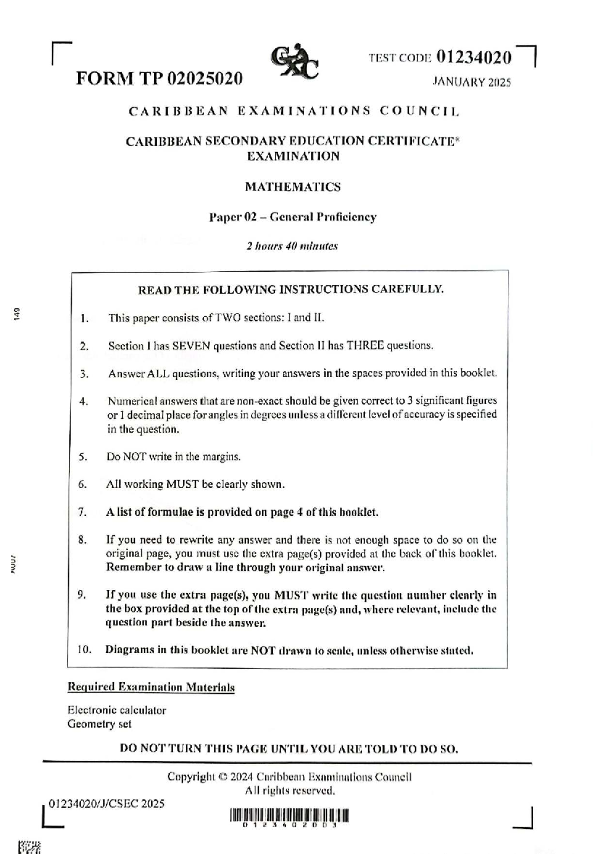 Mathematics CSEC Paper 02 General Proficiency Exam 2025 (Code 01234020 ...
