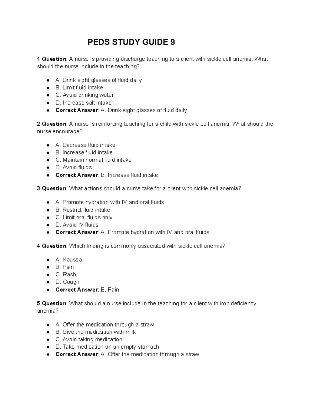 PEDS Study Guide 9: Sickle Cell Anemia & Related Conditions - Studocu