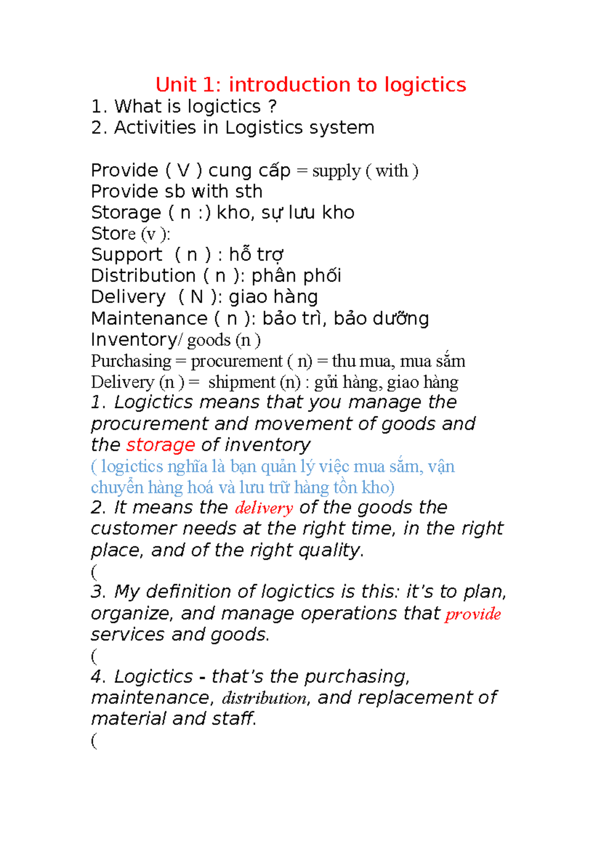 Unit 1: Introduction to Logistics - Key Concepts and Activities - Studocu