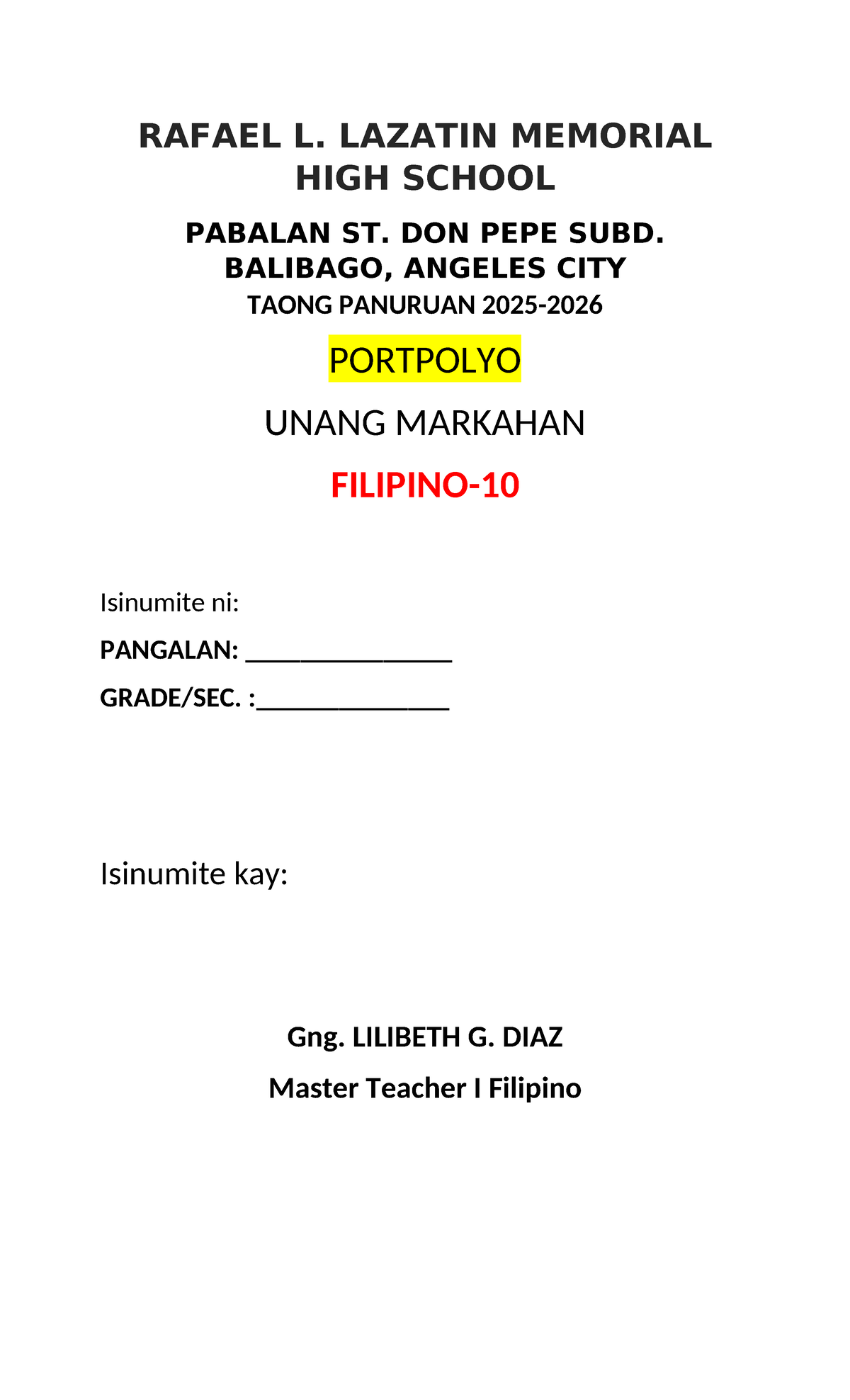 Filipino-10: Unang Markahan Science Assignment - Studocu